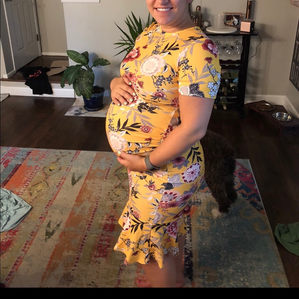 Yellow floral midi maternity dress